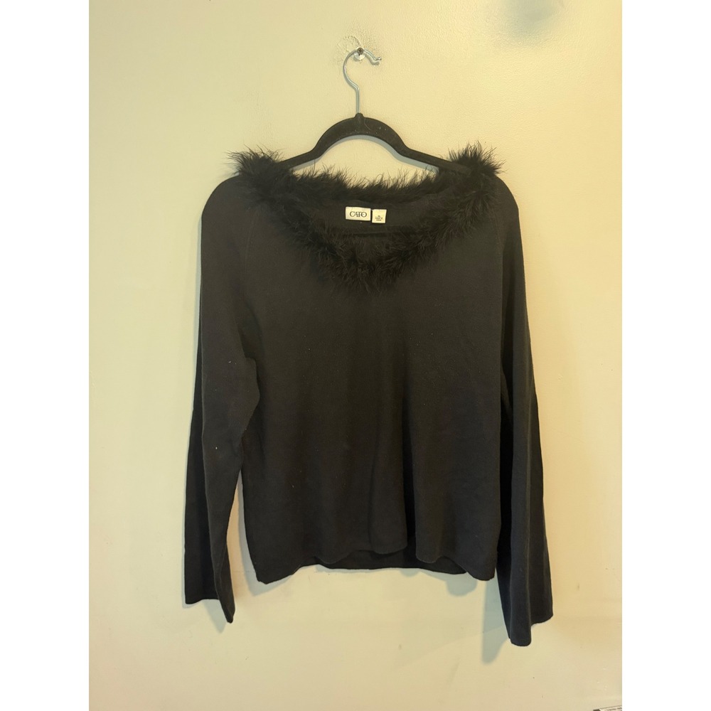Cato Womens XL Black V-Neck Faux Fur Trim Long Sleeve Knit Sweater RN37080